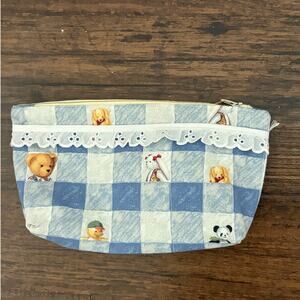Upcycled Vintage Bag Upcycled 90s Gingham Lace Small Zipper Pouch Cosmetic Bag